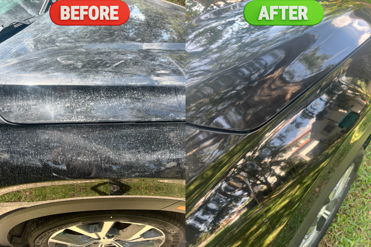Image showing the before and after of a paint correction service on a car. Exterior detailing